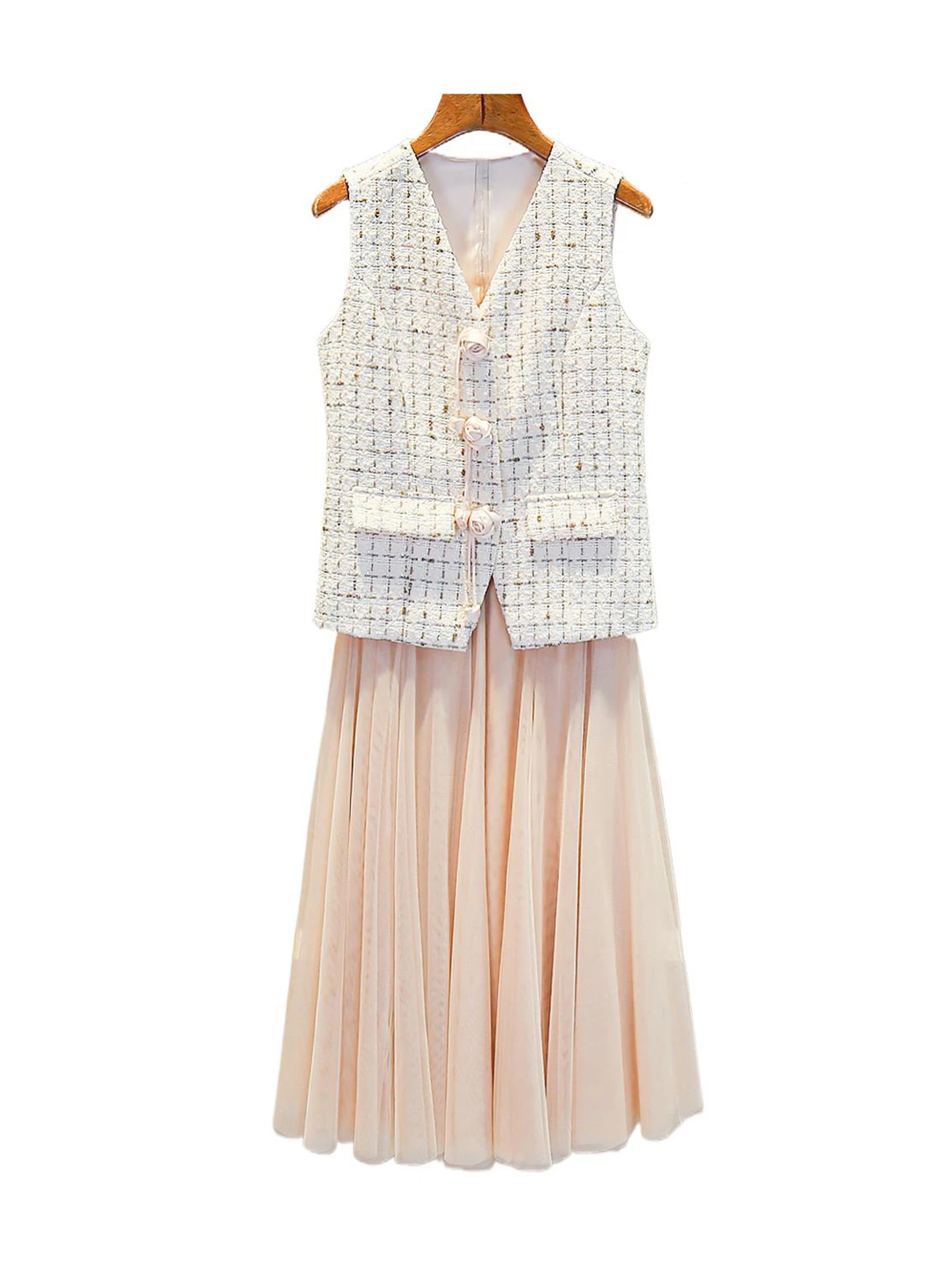 

South Oil High-End Women's Faion Set with Tweed Vest And Lace Skirt ature Fraance Sle Summer Outfit Polyester Fiber