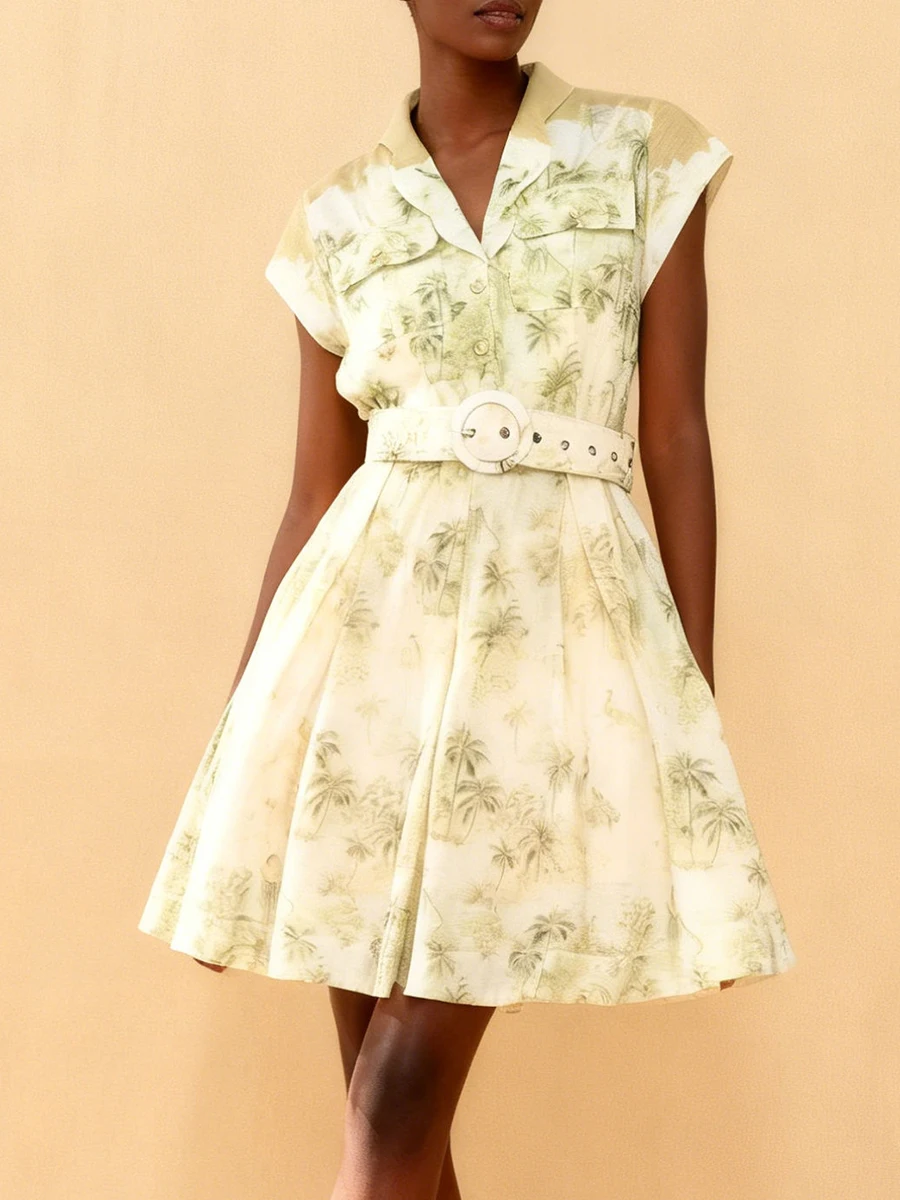 เดรสพิมพ์ลาย VGH น่ารัก สไตล์สดใส ช่วยพรางหุ่น สำหรับผู้หญิง คอวี แขนสั้น เอวสูง แต่งเข็มขัด ดีไซน์ต่อผ้า สไตล์หรูหรา สำหรับฤดูใบไม้ผลิ รุ่นใหม่