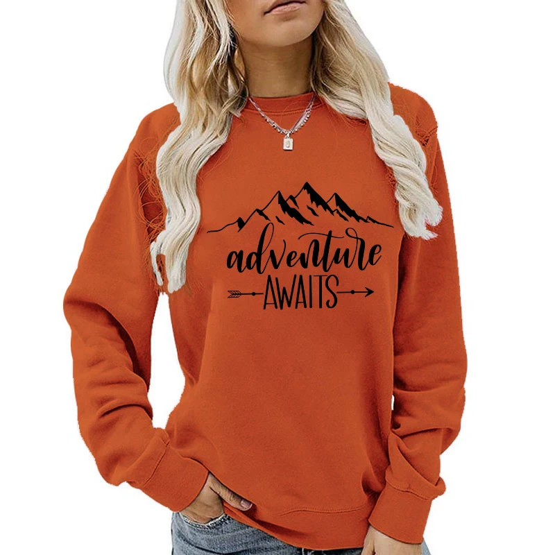 (A+Quality)New Fashion Autumn Winter Outerwear Women Sweatshirt Mountains Adverture Awaits Printed Sweatshirts Round Neck  tops