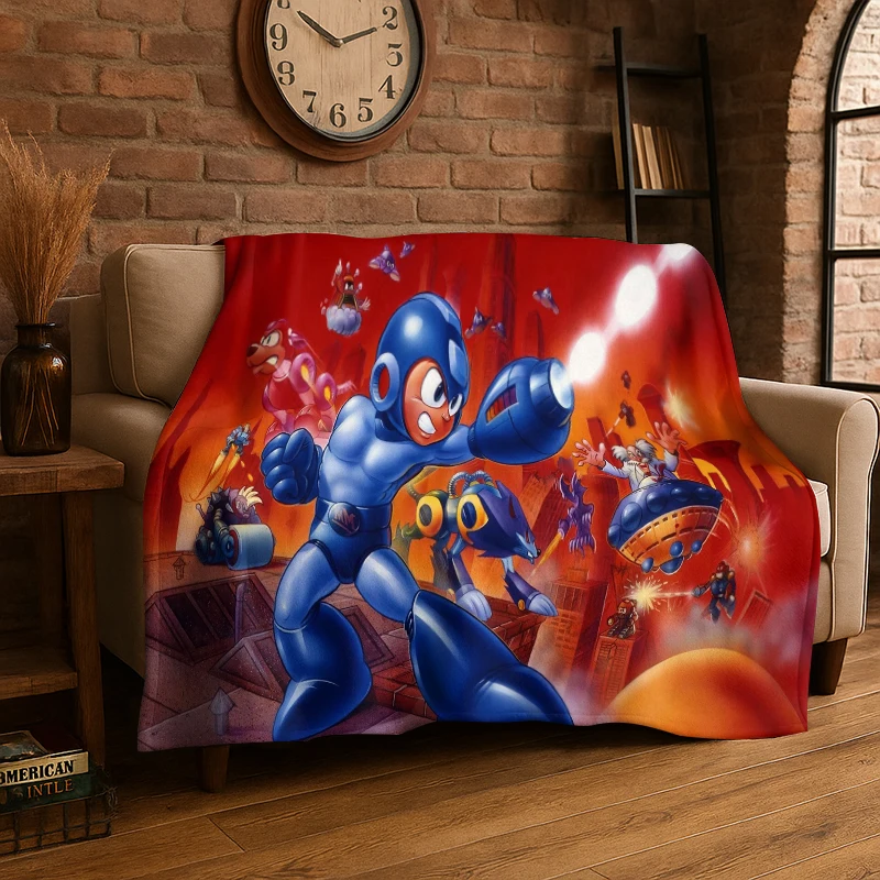Retro Rockman Mega Man Game Cartoon Flannel Blanket Soft Warm Throw Blanket for Bedroom Living Room Bed Travel Camping Picnic