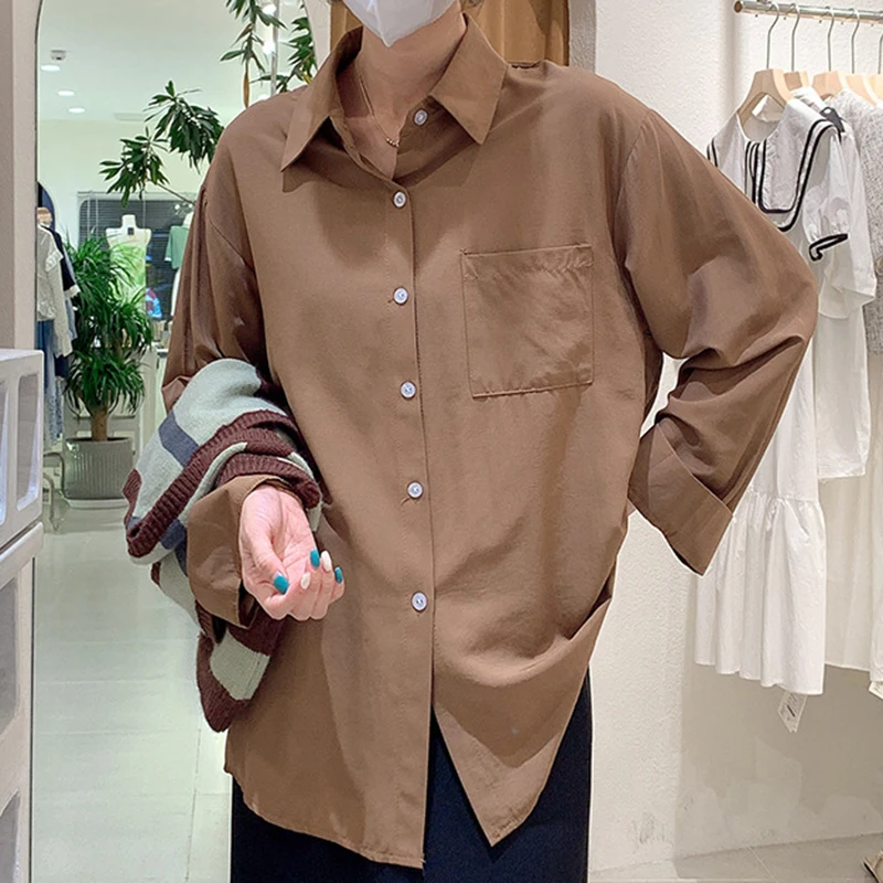 

Fashion Button-up Cotton Office Women Blouses Solid Long Sleeve White Shirt Women Pocket Simple Tops Loose Casual Blouse 25840