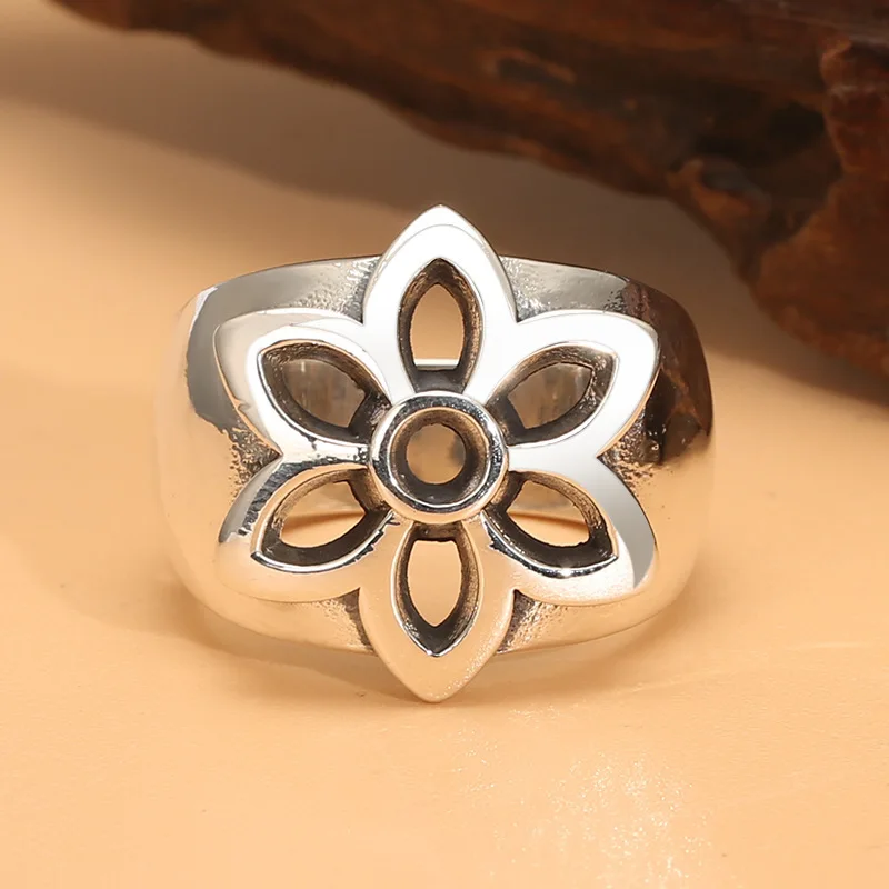 

s925 sterling silver beautiful cherry blossom ring bold hollow retro thai silver trendy personalized men's and women's ring