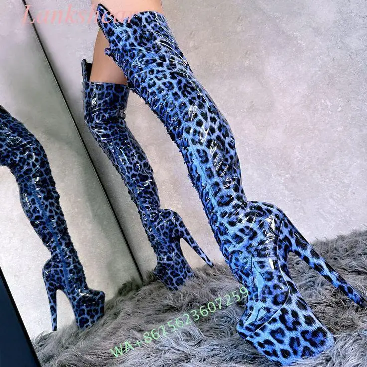 Multi Color Leopard Women\'s Boots Crotch Thigh High Platform Hot Sexy Girl High Heels Stilettos Custom Fit Boots Large Size