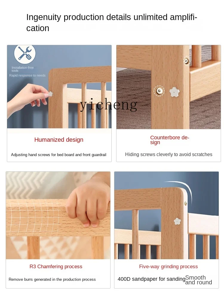 Tqh-cama de costura de madera maciza para bebé, cama pequeña de haya móvil multifuncional, para recién nacido