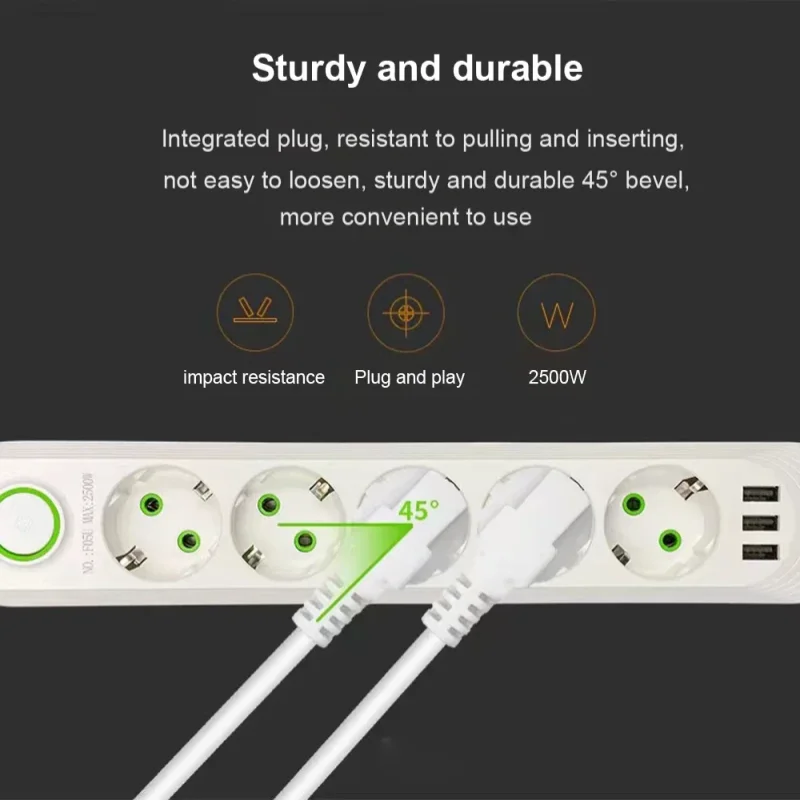 EU Plug Power Strip with 3 USB Ports Extension Cord Socket Network Filter Round Pin 5 AC Outlet 2500W Electrical Charge Adapter