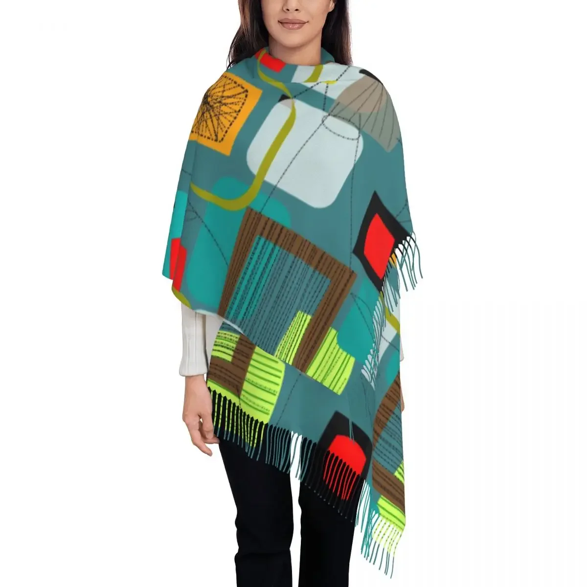 Mid Century Modern Abstract Art Scarf Wrap For Women Long Winter Warm Tassel Shawl Unisex Minimalist Geometric Scarves