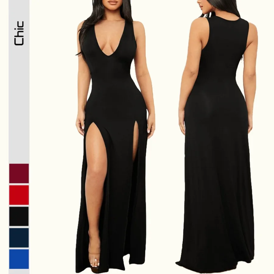 

【New style】Women's clothes women's backless deep V-neck suspender style sexy dress solid color tight long dress looks slim