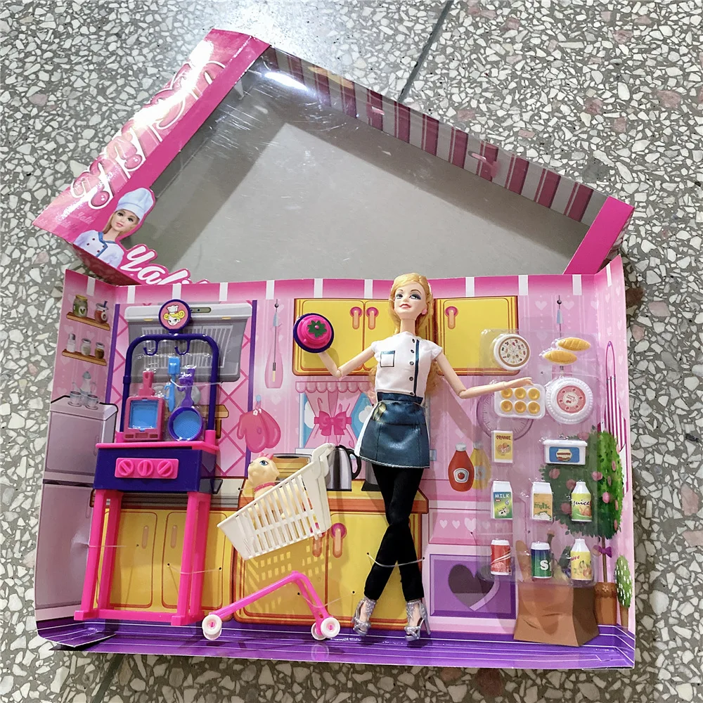 DIY 30cm Doll Mall Shopping Cart Automatic Cashier Kitchen Food Kitchenware Toy House Accessories Children Toy Girl Set Gift