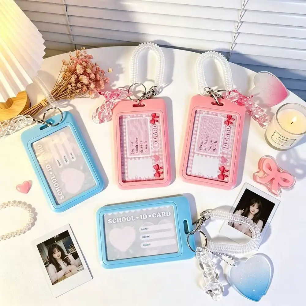 INS Student Card Holder with Pendant Slide Cover Card Holder Keychain Photo Sleeves