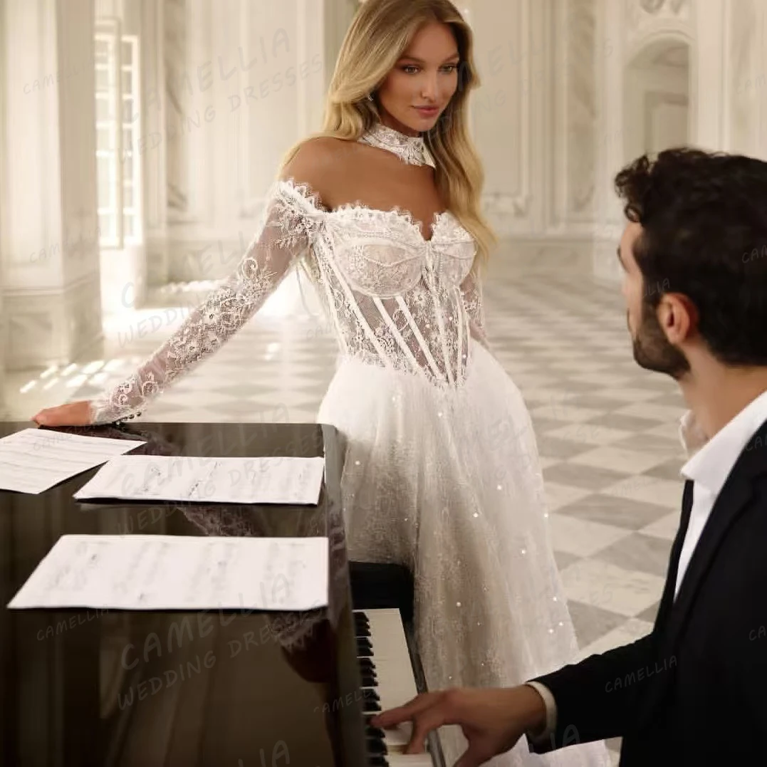 Robes De mariée trapèze exquises pour femmes, robes De mariée brillantes en dentelle, manches longues, traîne De balayage, personnalisées