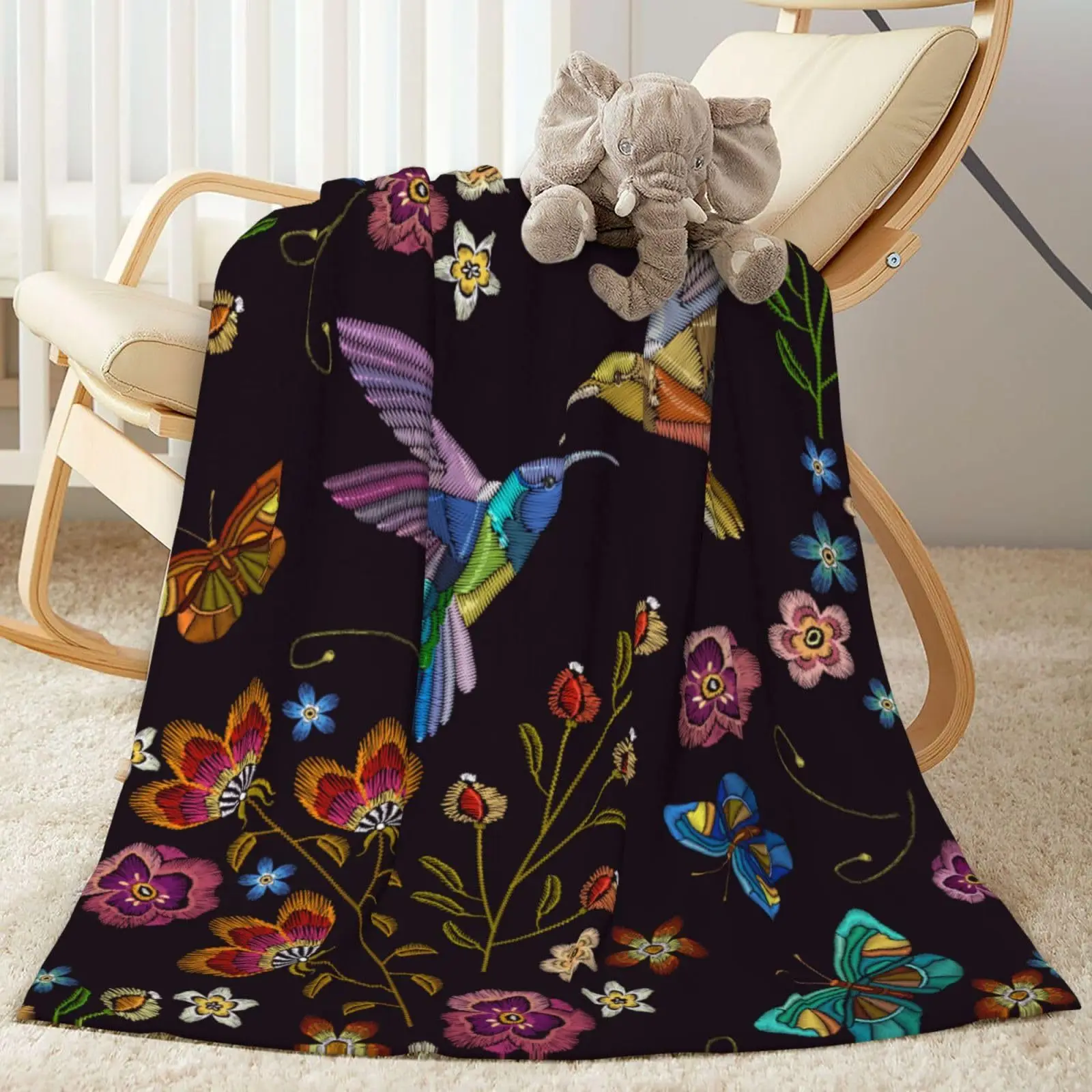 Faux Embroidery Blanket Hummingbird Floral Pattern Throw Couch Cover Textured Flower Plush Blankets Cozy Playroom Bedding