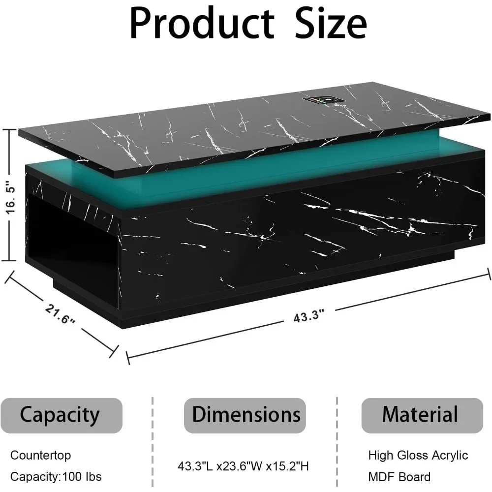 LED Coffee Table with Storage, with Wireless Charging and Speaker, High Glossy Modern Center Table with 24 Color LED Lights