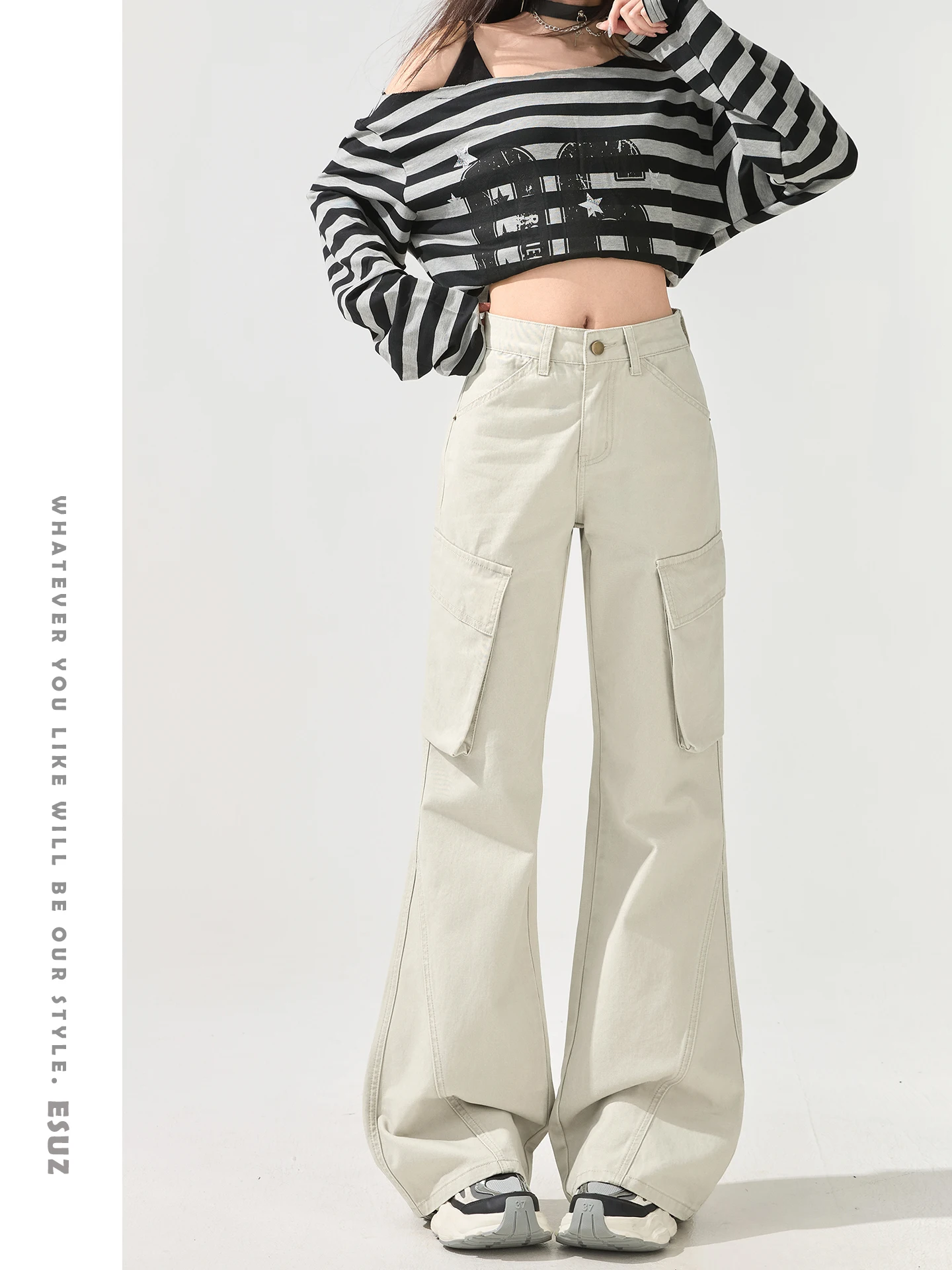 

American Sle Deconstructed Workwear Jeans Women's Early Spring High Waist Slimming Non-Matching Leg ey Micro Flare