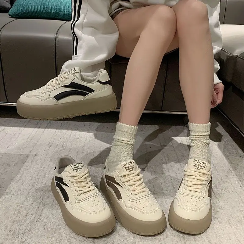 

Versatile Trendy Sporty Casual Thick Bottomed Color Block Design Low Top round Toe Laced Women's Sneakers Canvas Shoes
