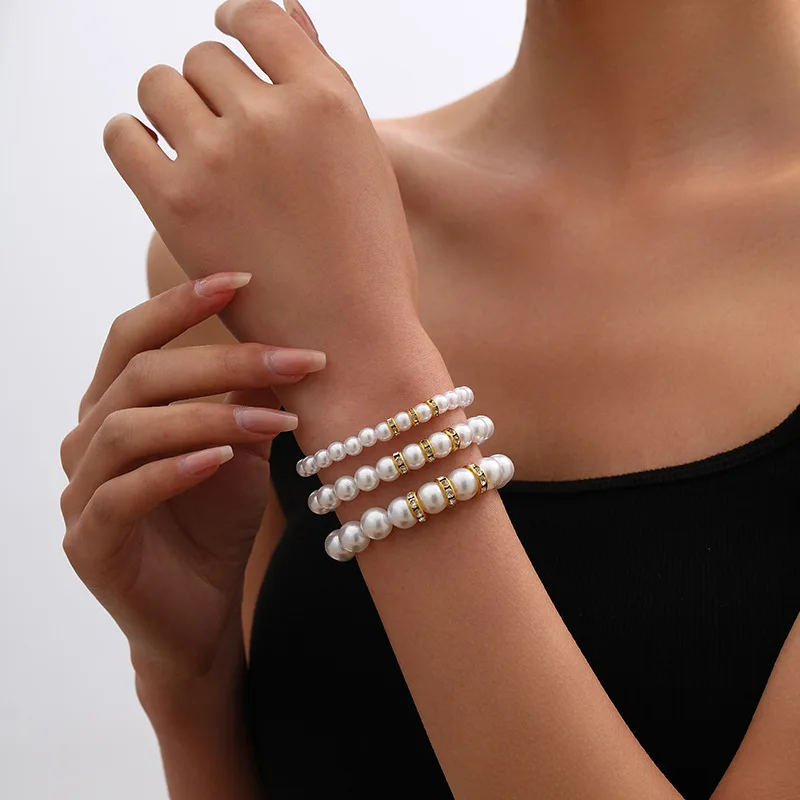 Boho Sweet Round Imitation Pearl Elastic Thread String Bracelet 2025 Multi Layer Crystal Tile Set Girl Fashion Birthday Jewelry