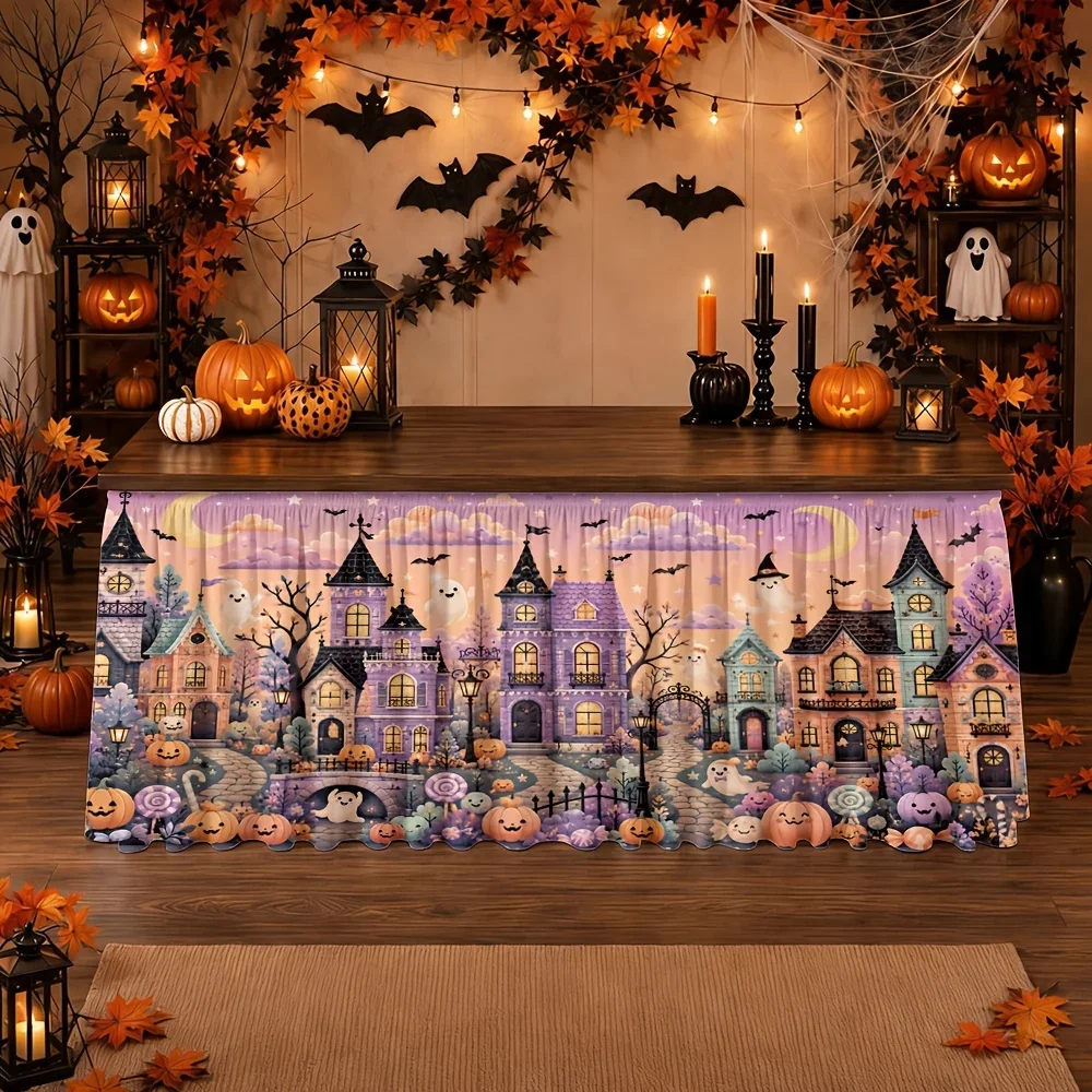 Halloween tablecloth and tablecloth cover: 1 piece. Polyester. Ghost village. Horror mansion. Pumpkin. Ghost. Bat. Candy cornxzj