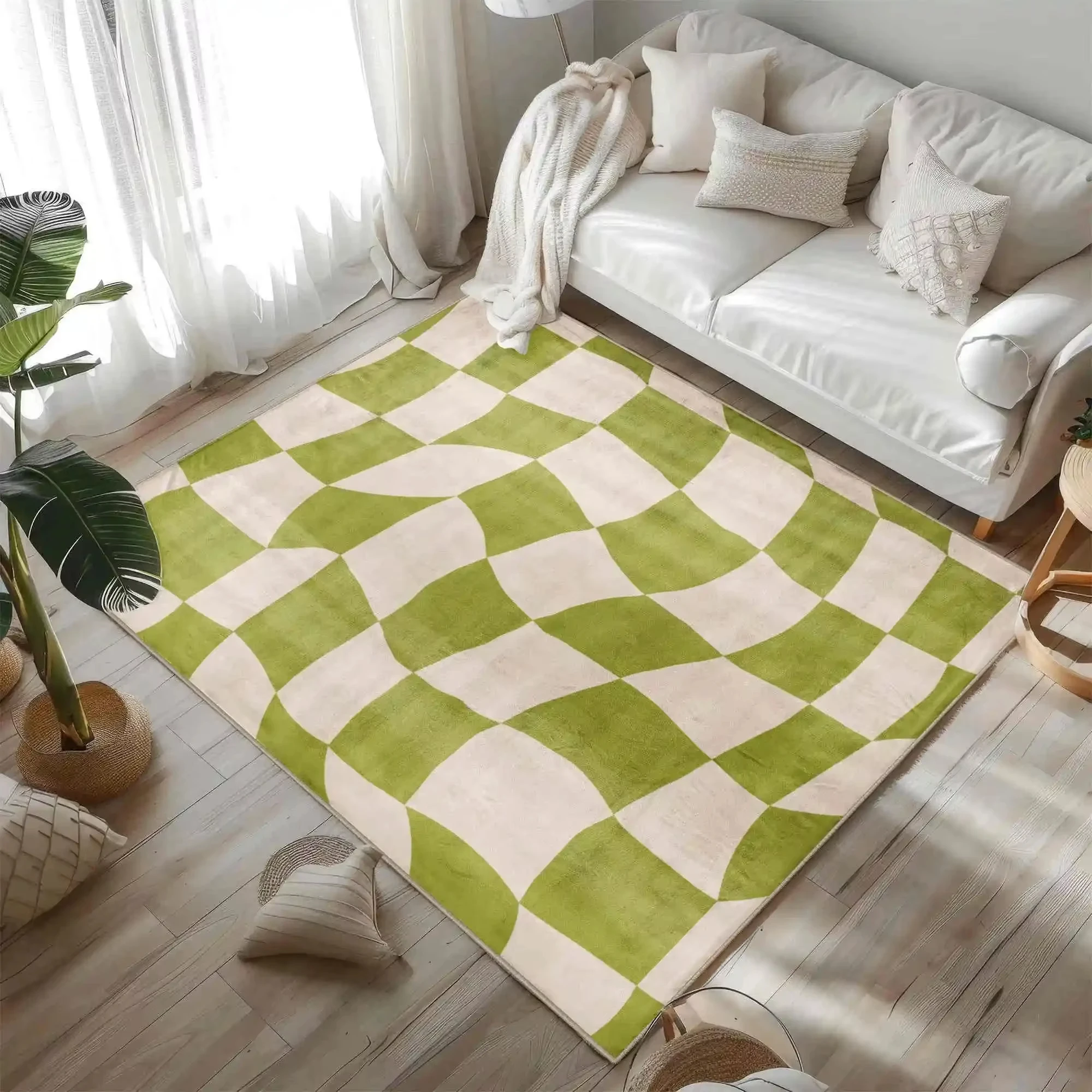 

VIKAMA Mori Wave Plaid Carpet Green And White Fresh Colour Scheme Non Slip Skin Friendly Bedroom Living Room Carpet Home Decor