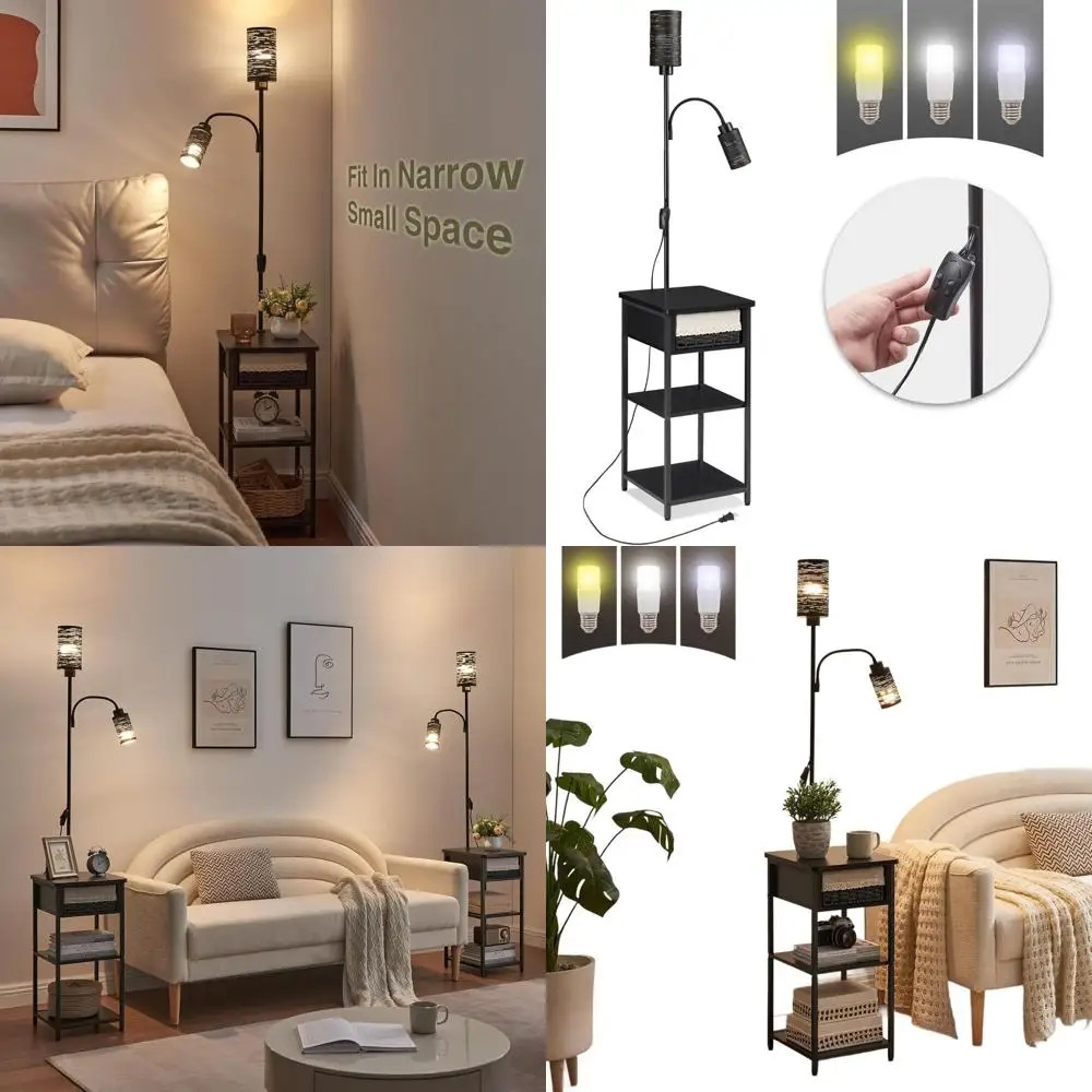 

Space-Saving Bedside Lamp with Wicker Drawer and Shelf, 2 Bulbs, for Living and Guest Rooms