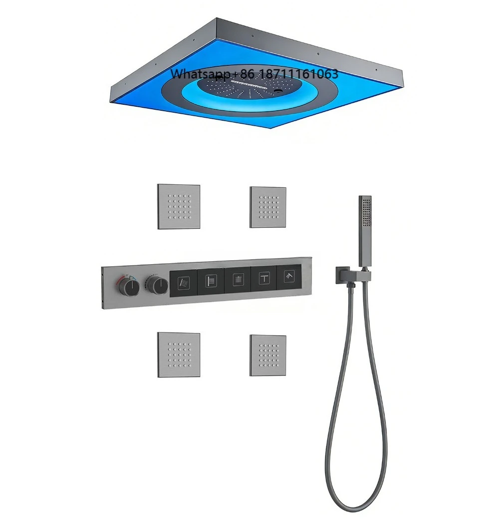 

Luxury Brass 5 Functions Big Water Flow Thermostatic 600*600 Ceiling LED Music Rainfall Shower Set