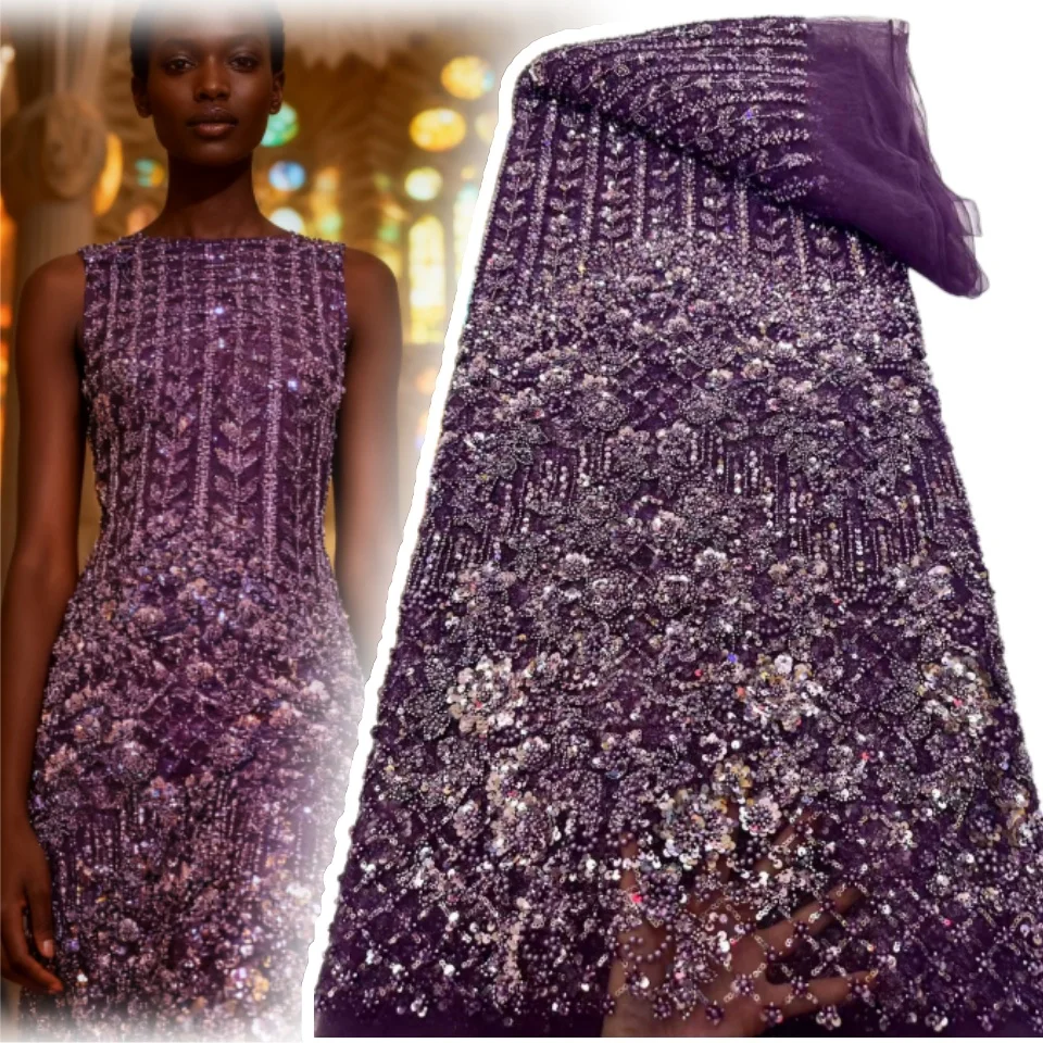 

New Design Fashion Nigerian Artistic Pattern Handmade Embroidery Sequins Hot Sale French Beads Tulle Lace for Party Dress 1918