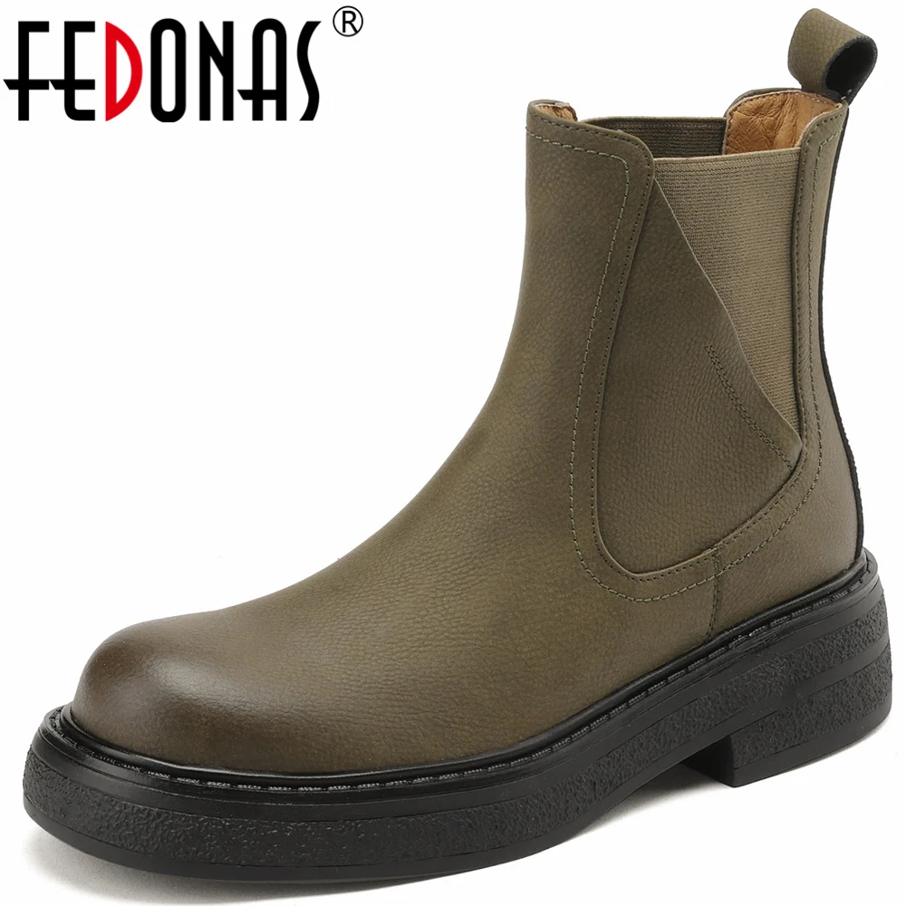 

FEDONAS Vintage New Women Genuine Leather Ankle Boots Round Toe Thick Heels Casual Outdoor Retro Style Shoes Woman Autumn Winter