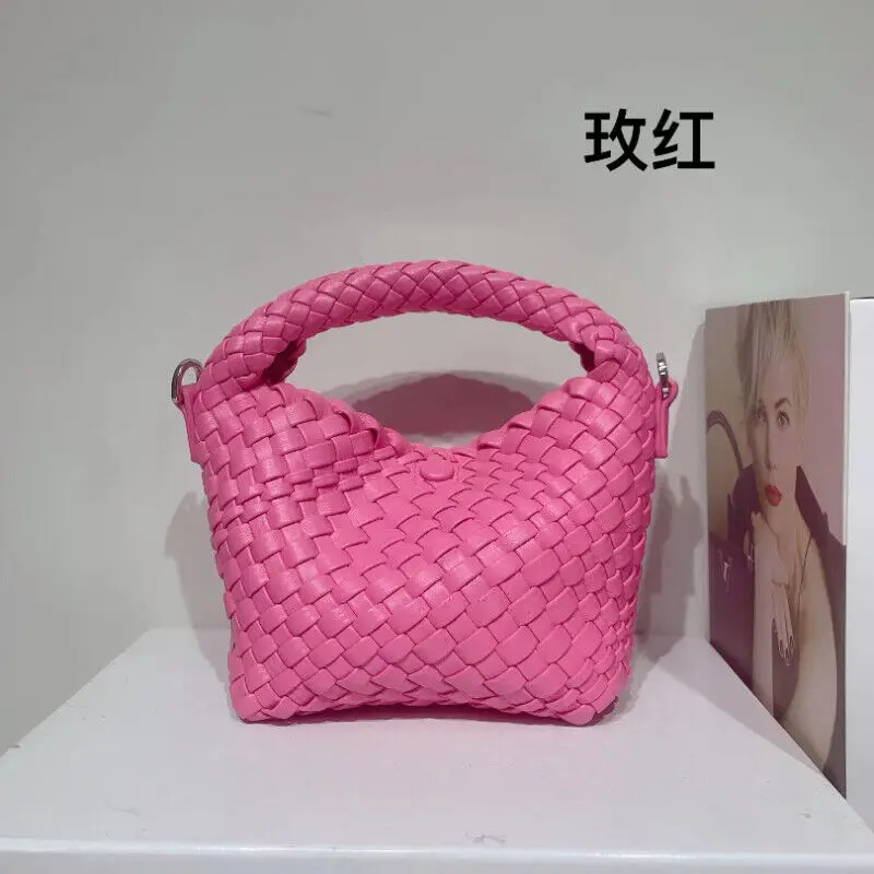 Women\'s soft  PU leather mini woven bucket bag handbag shoulder messenger bag Solid Pink Black Khaki