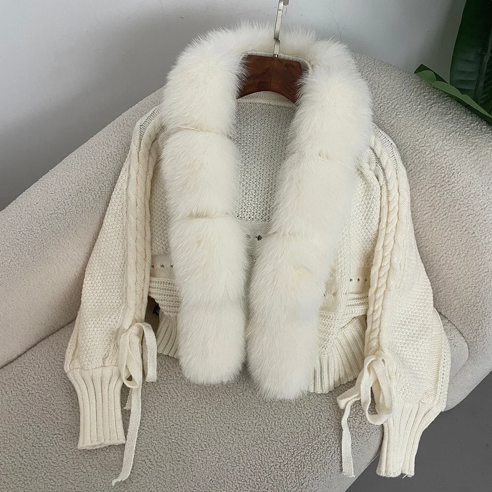 2024 New Knitting Cardigan Winter Women Knitted Jacket with Natural Fur Placket Coat Casual Real Fox Fur New Fashion Short Warm