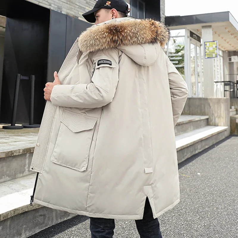 Winter Long Down Jacket for Mens Brand Casual Fur Collar Hooded White Duck Down Coat Men Women Clothing Winter Outdoor Jackets