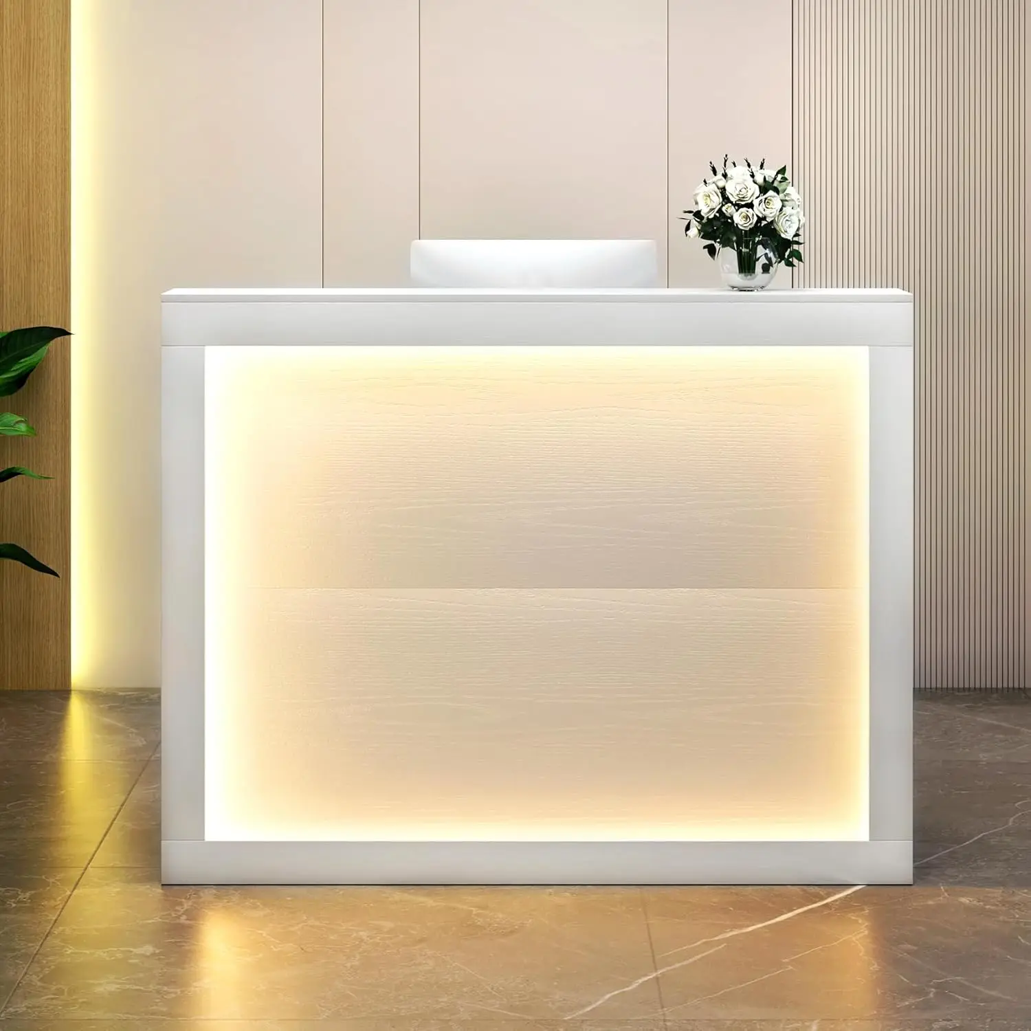 Desk with LED Lights, 55'' Reception Counter Modern with Storage Shelves and Cable Grommet, Front Desk Reception Room Table, Rec