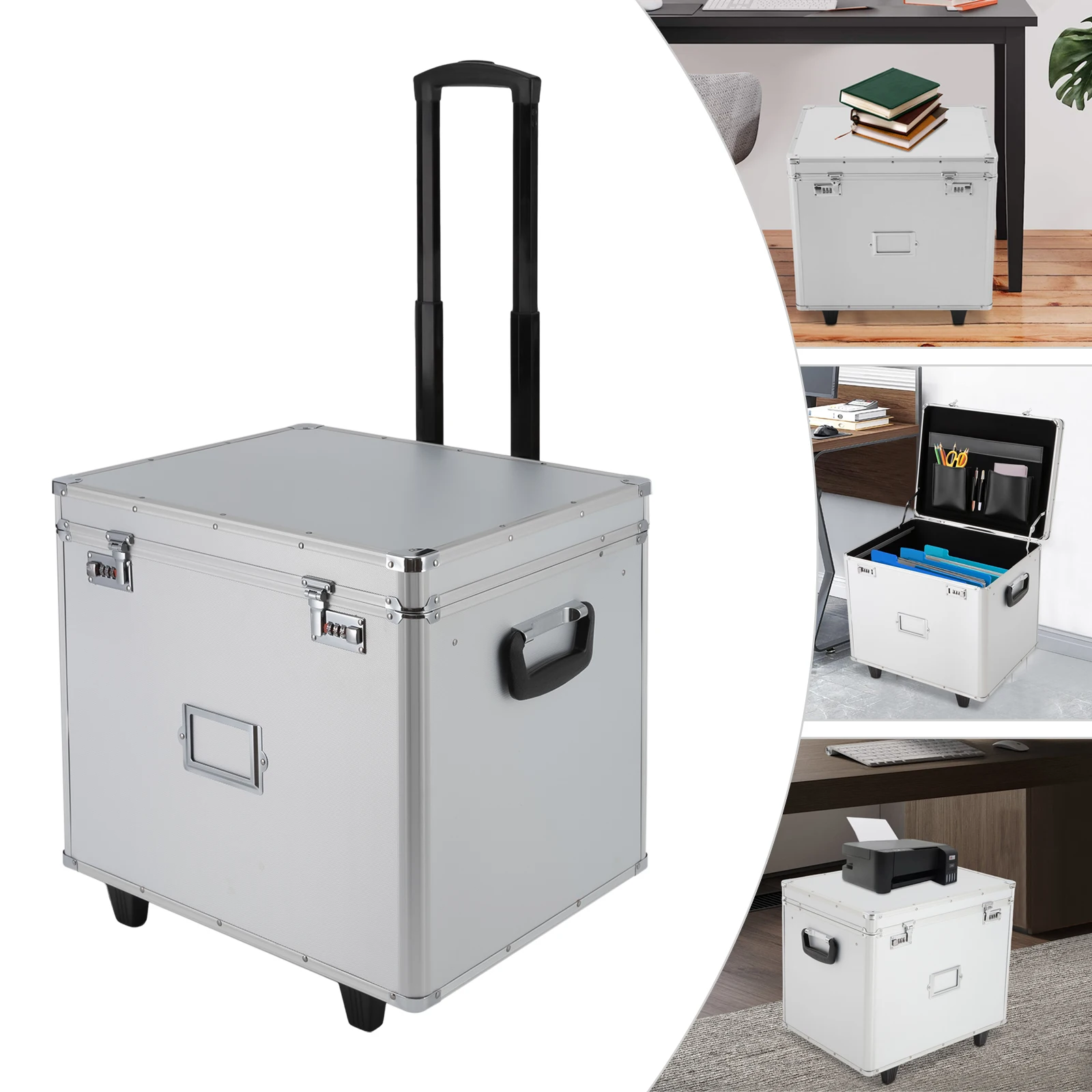 

Portable Locking File Box with Aluminum Alloy Case, 2 Wheels & Retractable Handle for Secure Office/Home Document Storage