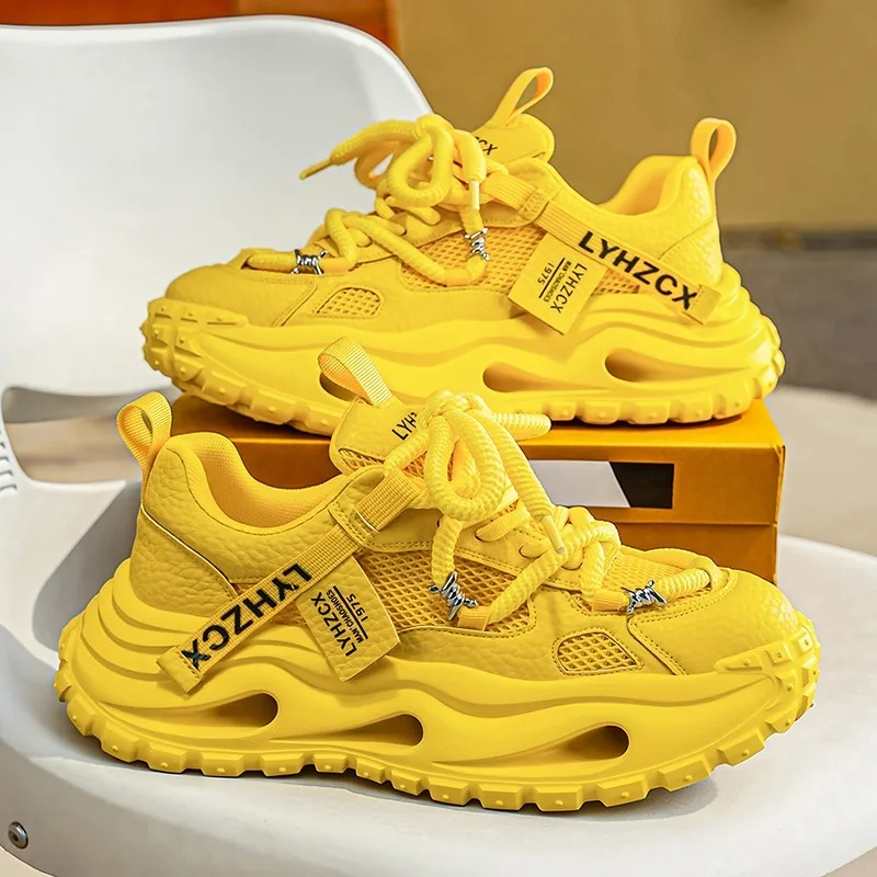 2026 Men‘s Yellow Platform Dad Shoes , Breathable Mesh Upper ,  Wear-Resistant Non-slip Casual Sneakers for Fashion Street Style