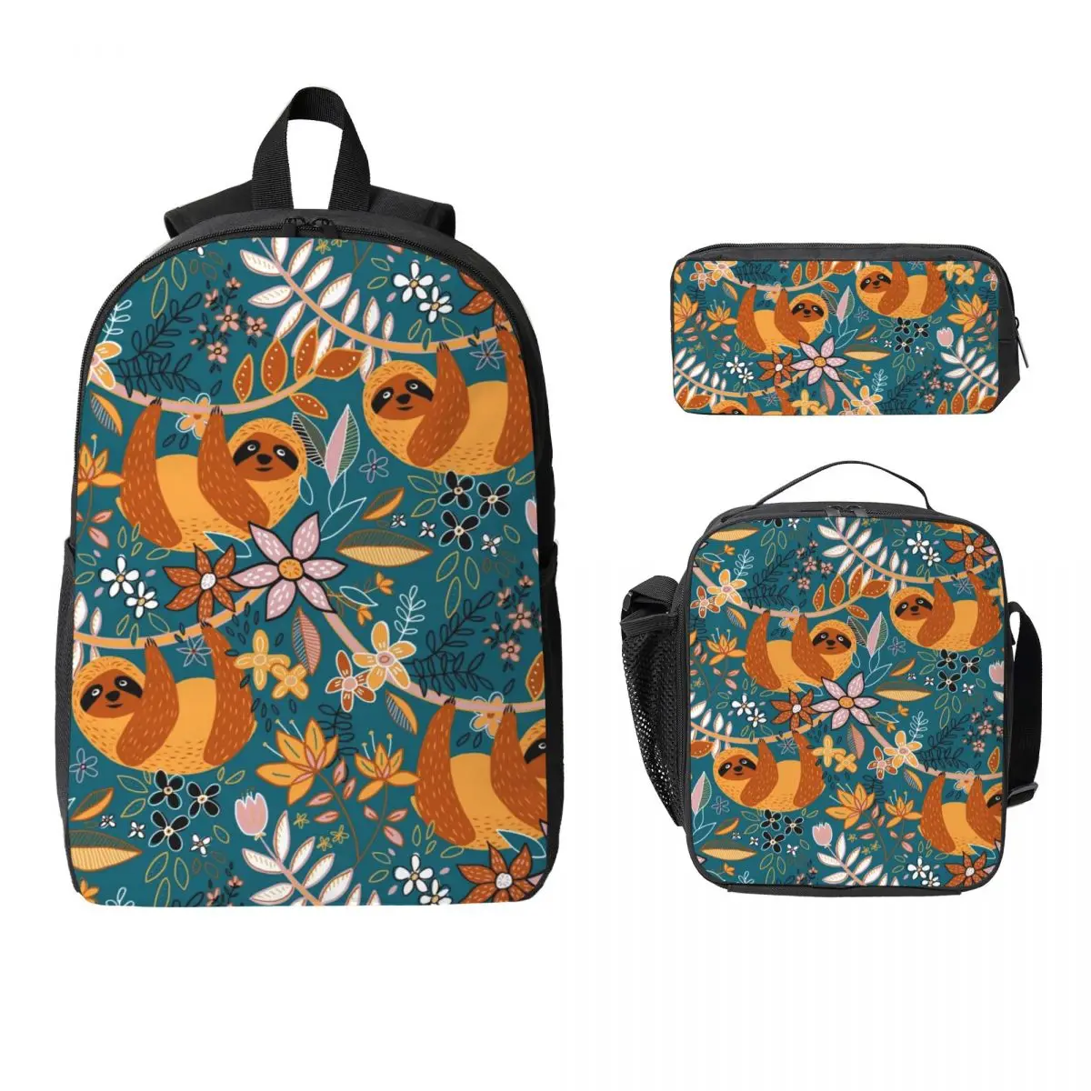 Happy Boho Sloth Floral Backpack Student Boys Girls BookBag School Bag Computer Shoulder Bag 3ps Insulated Lunch Bag Pencil Case