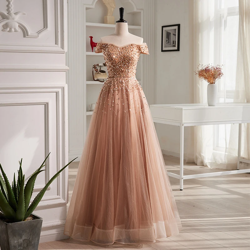 Champagne Boat Neck Evening Dress Sequins Short Sleeves Floor Length A-Line Tulle Lace Up Plus Size Women Party Dresses