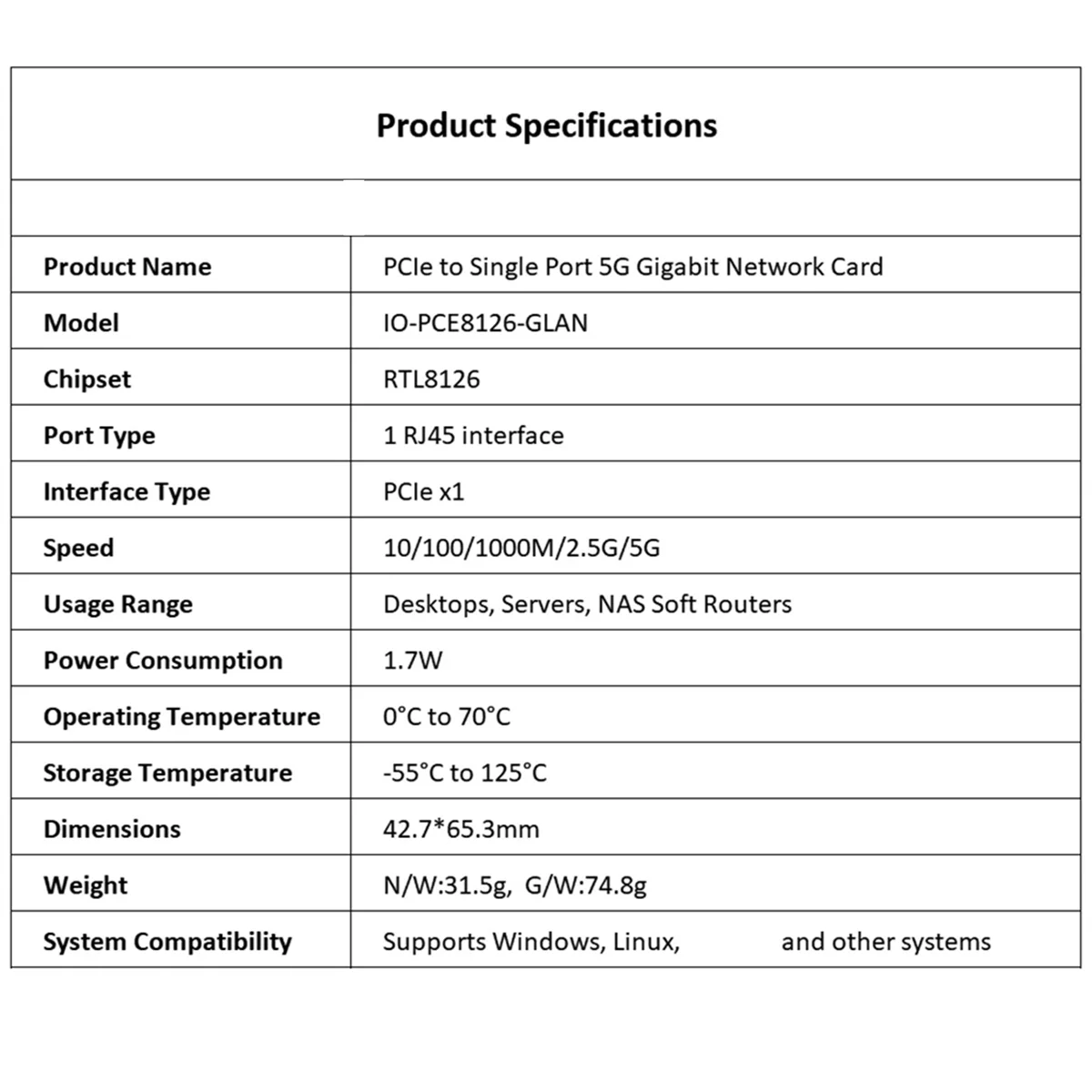 Hot Sale 5G PCI-E to RJ45 Network Card RTL8126 Chip Gigabit Ethernet PCI Express Network Card 5000Mbps 1Gbps/5Gbps