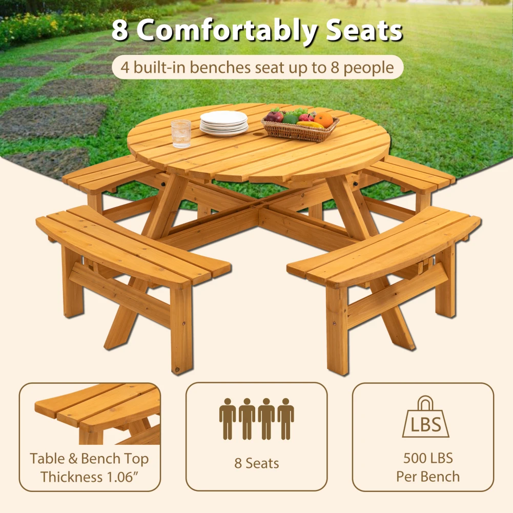 

8 Person Wooden Picnic Table With Benches Outdoor Round Dining Table With Umbrella Hold For Patio Backyard Garden Porch 2220lb