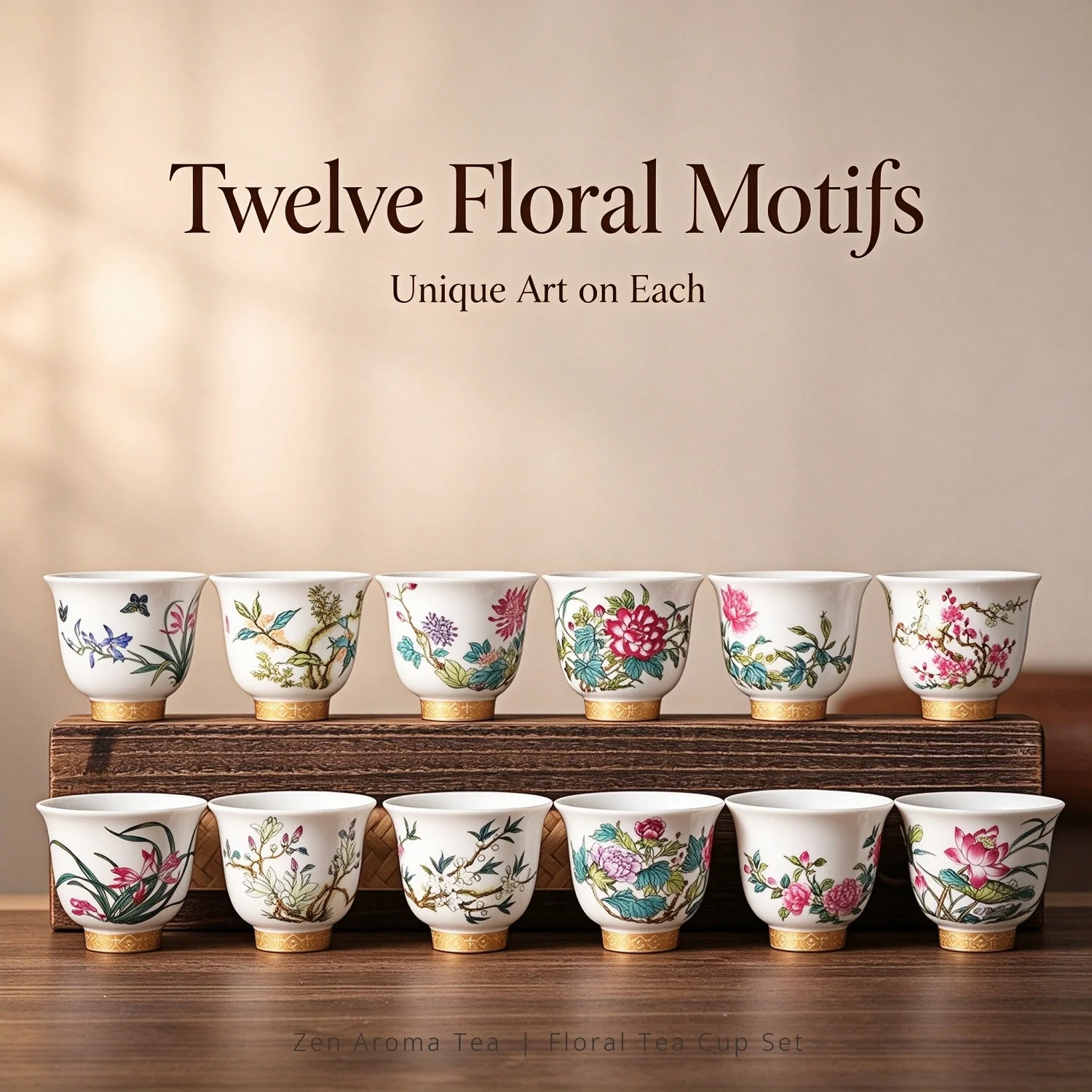 Elegant 12Pcs Chinese Famille Rose Enamel Porcelain Floral Tea Cup Set Master Cup Gift Box for Kung Fu Tea Ceremony Home Office