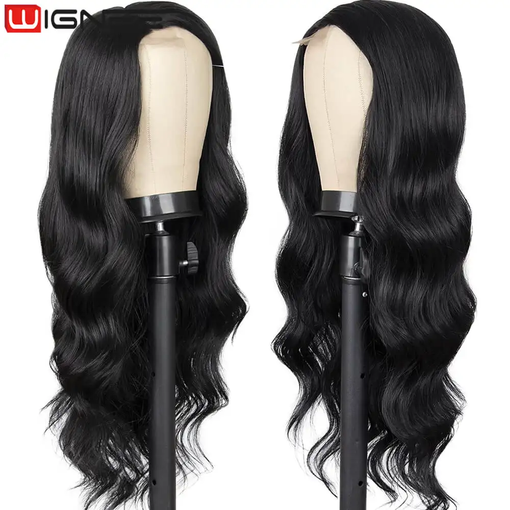 Wignee Body Wave Wig Synthetic Long Black Wig Side Part Lace Wigs For Women Long Wavy Wig Heat Resistant Cosplay Daily Halloween