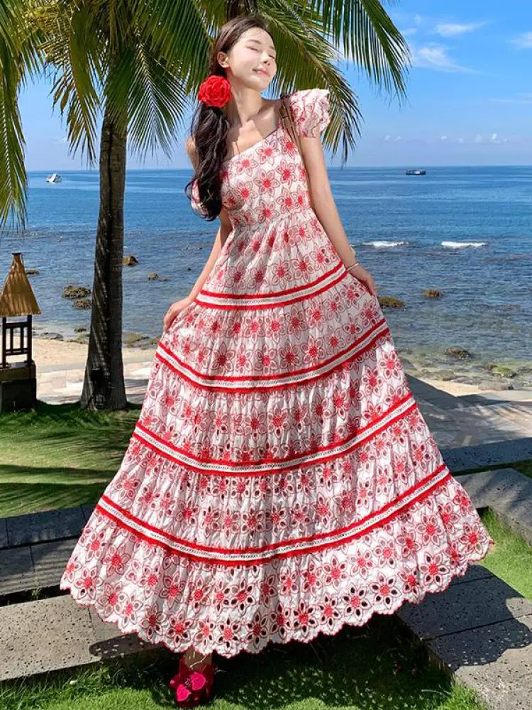

French Women 2025 Red Blue Embroidery Temperament Ruffles Sleeved Long Dresses Summer Retro Sweet Hollow Out Party Pleated Dress