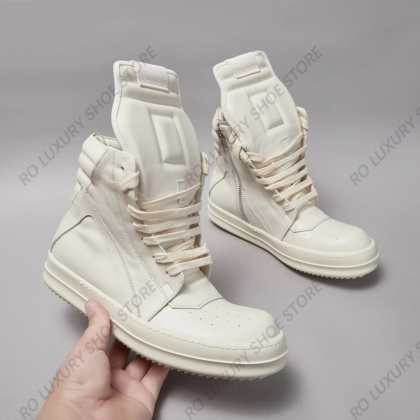 Brand Designer Men Ankle Boot Casual Women Sneaker Leather Lace Up Geobasket White Zipper High Top Quality Flat Platform Shoe