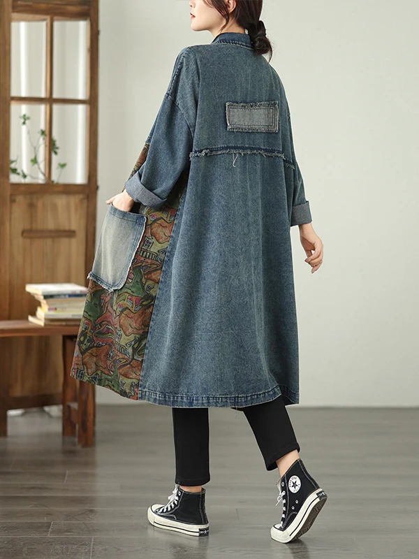 루즈 슬리밍 라지 사이즈 프린트 패치워크 싱글 버튼 미디엄 길이 데님 스타일 코트 가을 신상 여성 패션