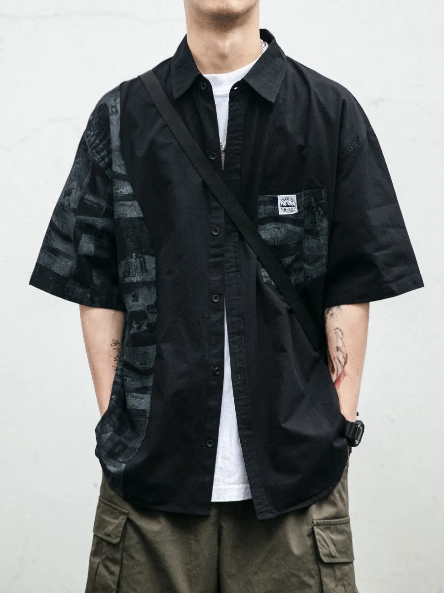 

Retro Japanese Style Short Sleeve Workwear Shirt for Men Summer Thin Asymmetric Print Casual Top Trendy Loose Fit Button up