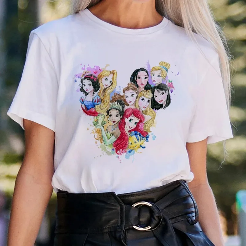 Kawaii Disney Cartoon Ladies Tops Mickey Mouse Princess Anna Fashion Summer Streetwear T-Shirt Women Vintage White T-Shirt