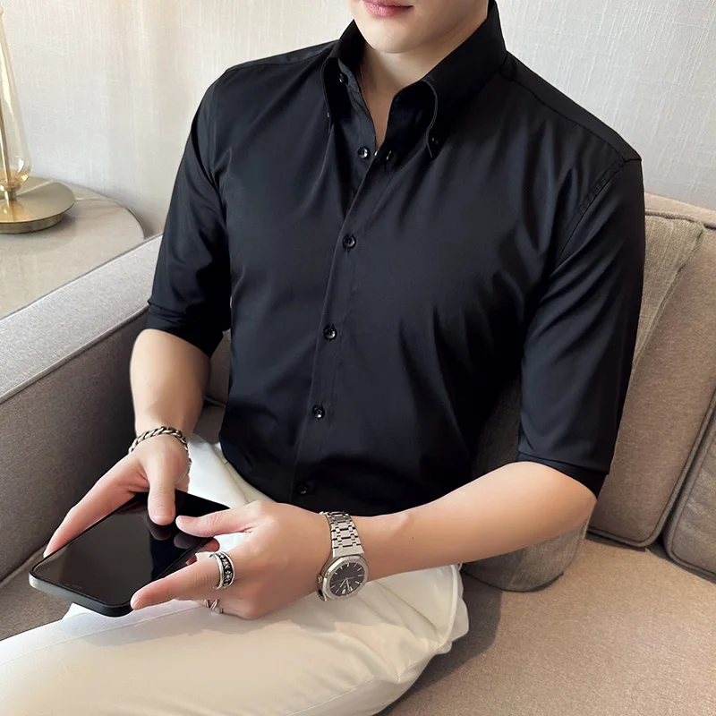 Men Luxury Brand 2023 Male Half Sleeve Hawaiian Shirts Casual Metal Buckle Hit Color Slim Fit Black Men's Dress Blouses