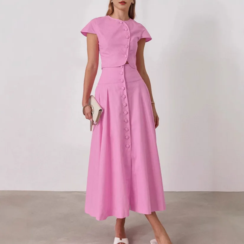 Conjunto e de csa y falda rosa, traje de dos piezas a la moda de verano para mujer, vestido largo, estilo e,...