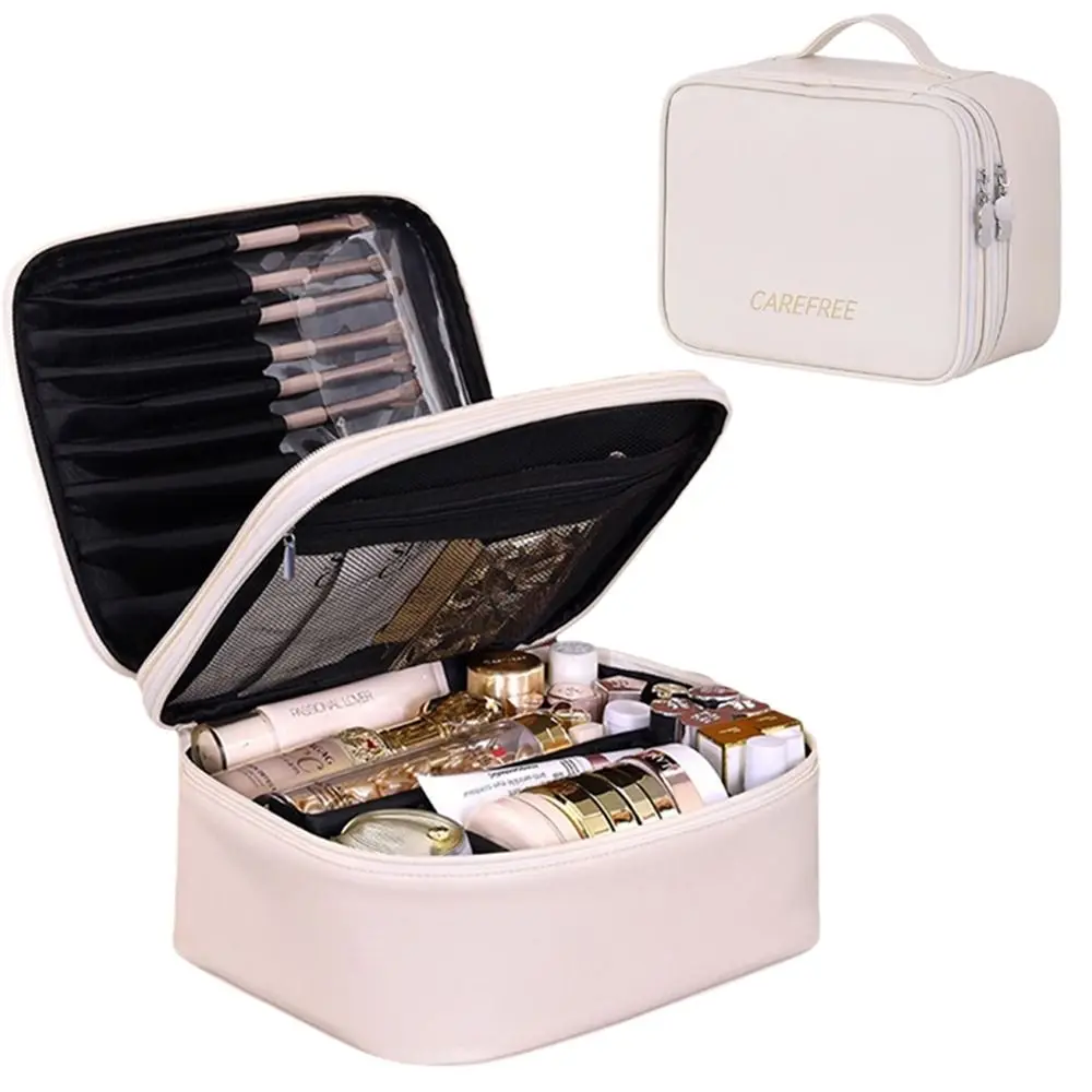 

Double-Layer Portable Cosmetic Bag PU Leather Large Capacity Travel Toiletry Pouch Zipper Closure Detachable Dividers