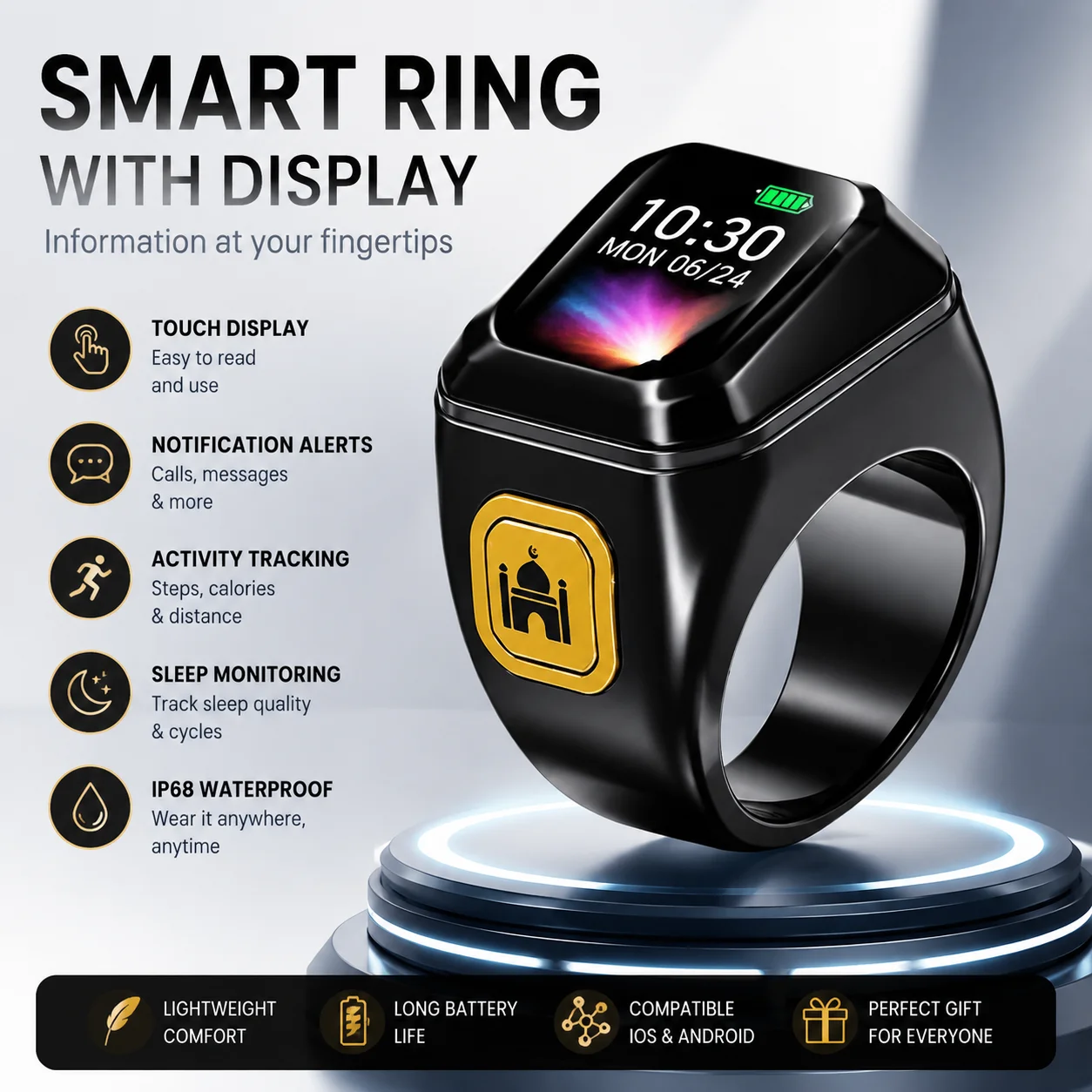 Muslim Digital Ring Islamic Smart Ring LED Time Display Prayer Counter Electronic Wearable Ring for Men Daily for men women HT22