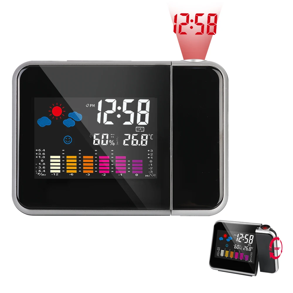 Digitaler Wecker, Tischuhr, LED-Temperatur, Luftfeuchtigkeit, Wettervorhersage, Schlummerfunktion, mit Zeitprojektion, Wetterstation