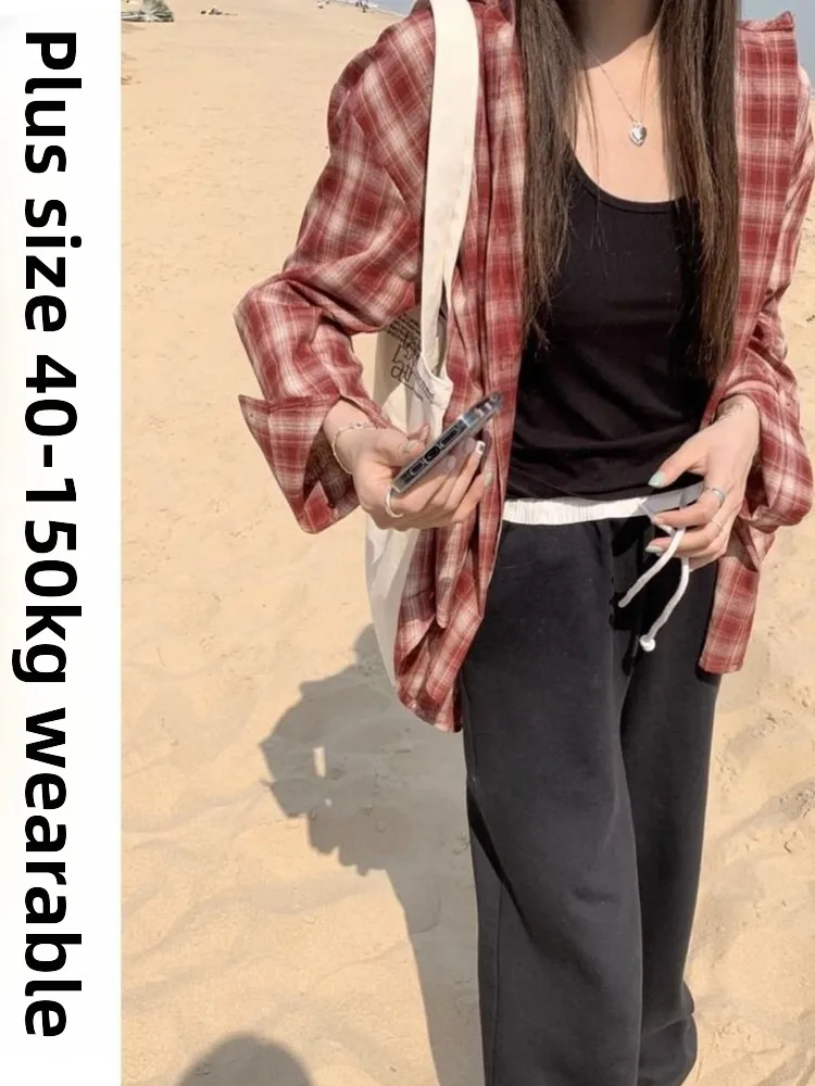 

plus Size 300 Pou American Retro Design Red Plaid irt Autumn Versatile Loose Open Cardigan Top for Women Korean Sle