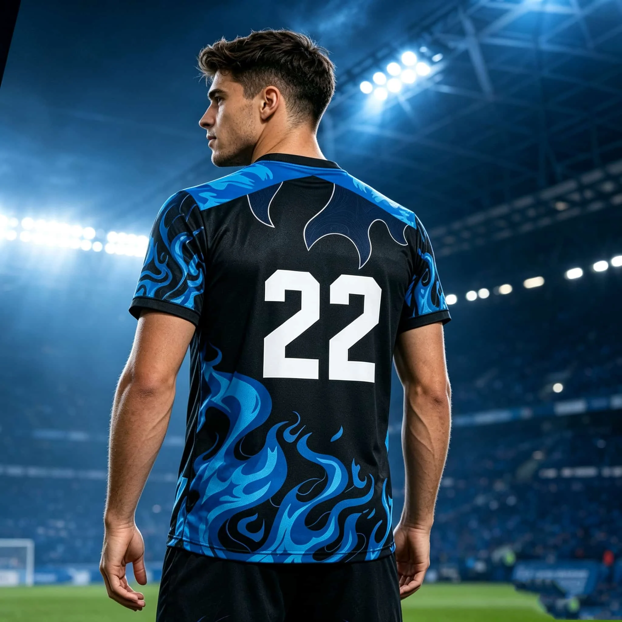 Men Soccer Jersey Quick Dry Short Sleeve T‑Shirt Blue Flame Print Number 22 Athletic Team Game Training Sports Tee