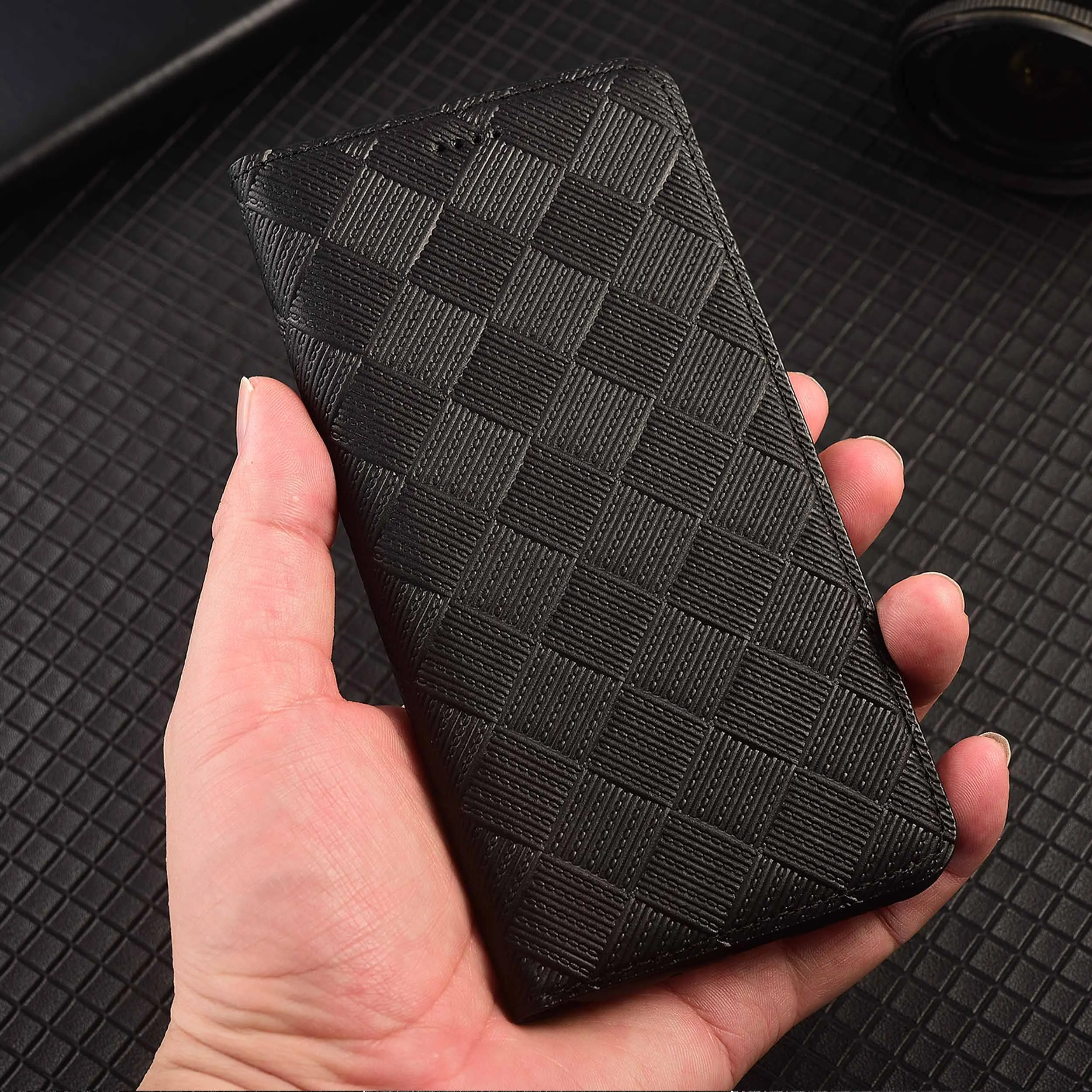 For Sony Xperia 1 5 10 II III IV V VI VII Knit Pattern Of Genuine Leather Wallet Flip Phone Cover Case Cowhide Scratch-Resistant